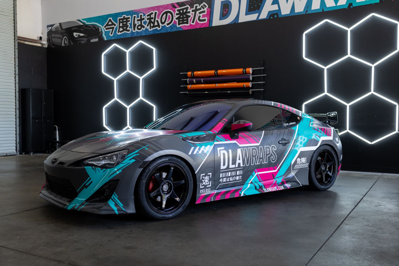 Sports car with a vibrant custom vinyl wrap